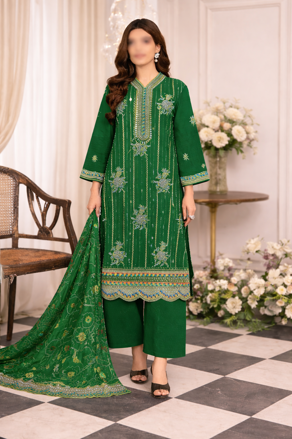 Guldasta – Luxury Embroidered Cotton 3-Piece Suit | Urooj Fabrics